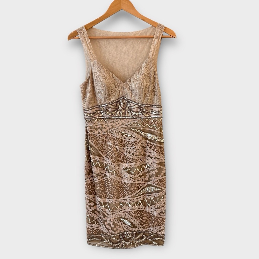 Sue Wong Nocturne Dress Womens 8 Champagne Lace Beaded Art Deco Cocktail